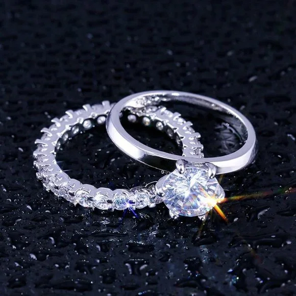 Beautiful 925 Silver Plated 2 Pcs CZ Wedding Ring, FB16FA1067 - Picture 2 of 7